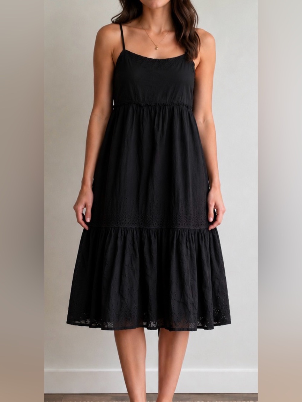 J. Crew Black Tiered Eyelet Midi Lined Dress Cute Lightweight Floral Size Medium